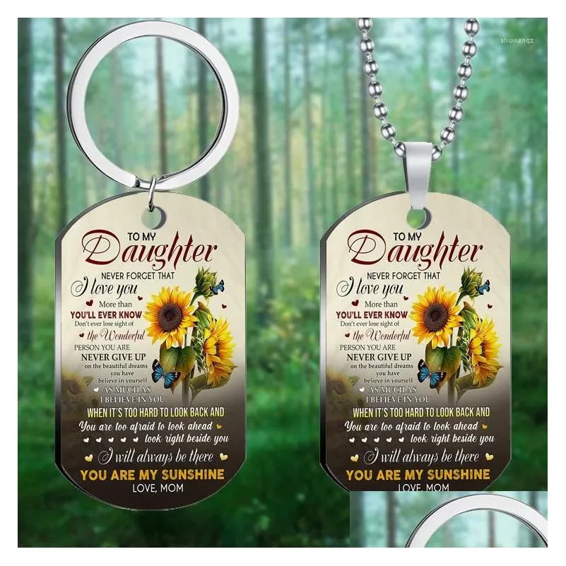 Keychains Lanyards till min dotter Letter Nyckelring Sunflower Oil Målning Konst Key Chain Rostfritt stål UV -färgtryck Keyring Gif DHSMP