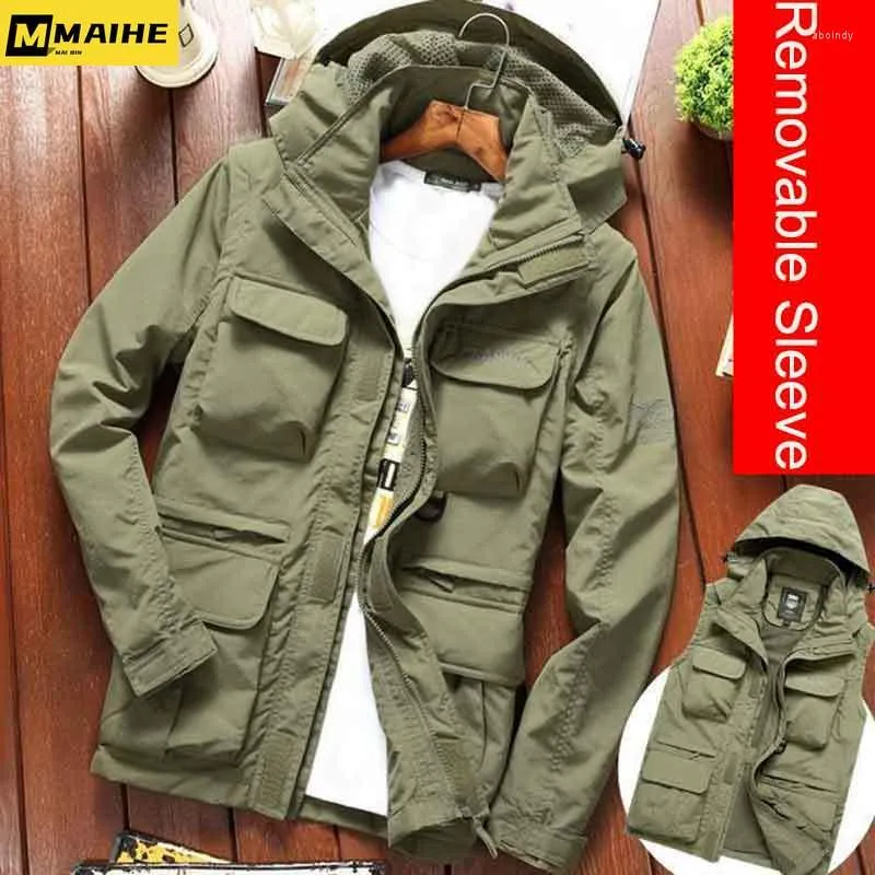 Men's Trench Coats Tactical Jacket Spring Autumn Removable Sleeve Vest Jackets Waterproof Military Coat Multi Pockets Hooded Windbreaker 5XL