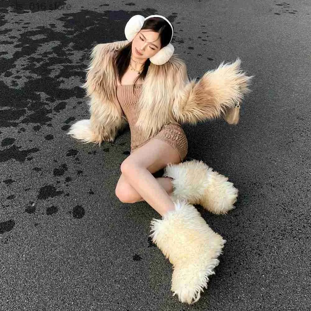 Boots Winter Warm Plush Snow Boots for Women Furry Fluffy Faux Mongolian Fur Boots Girl Fashion Mid-Calf Round Toe Non-slip Boots Y2K T230829