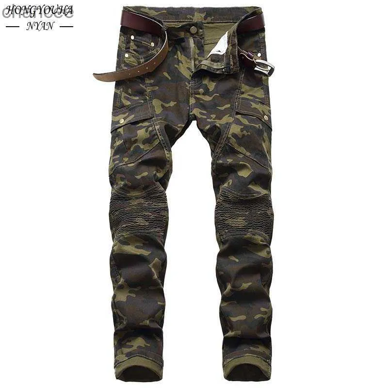 2022 Mode Militaire Heren Camouflage Jeans Mannelijke Slanke Trend Hip Hop Straight Legergroen Pocket Cargo Denim Jeugd merk Broek HKD230829