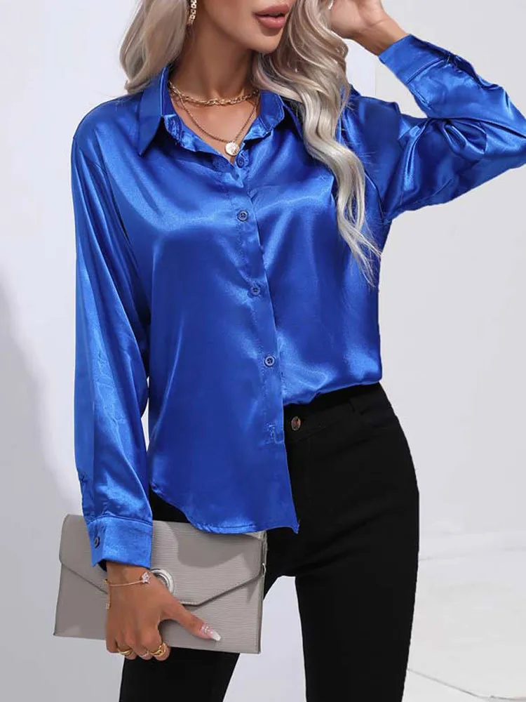 Spring Blouses For Women: Elegant Satin Long Sleeve Shirt, Ladies