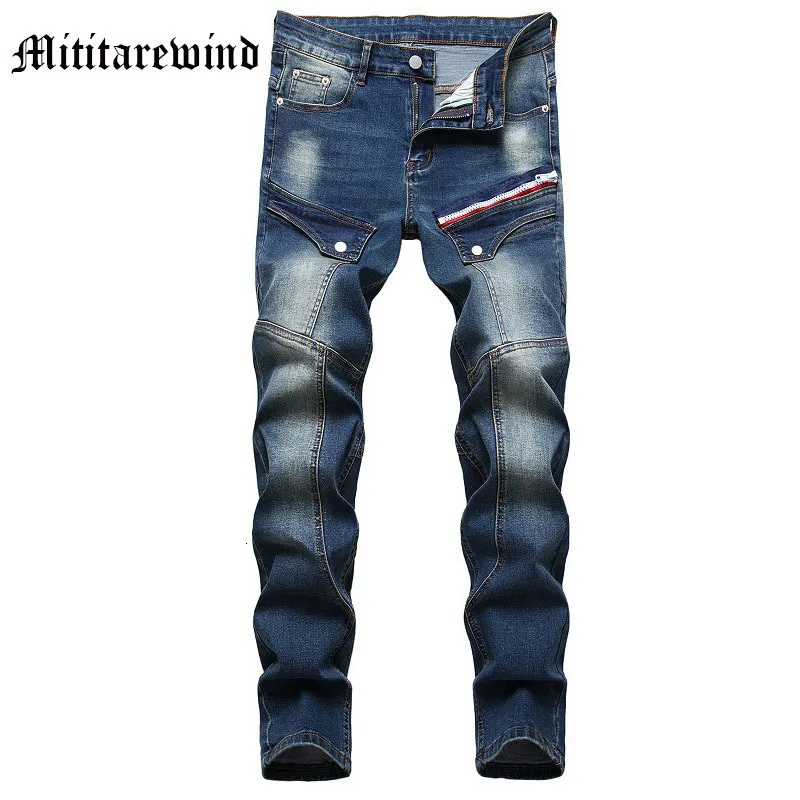 Mens Jeans skarvade lapptäcke American Fashion Y2K Slim Pants Vintage Retro Wash Casual Multi Porkets Design Male Denim Trousers 230829