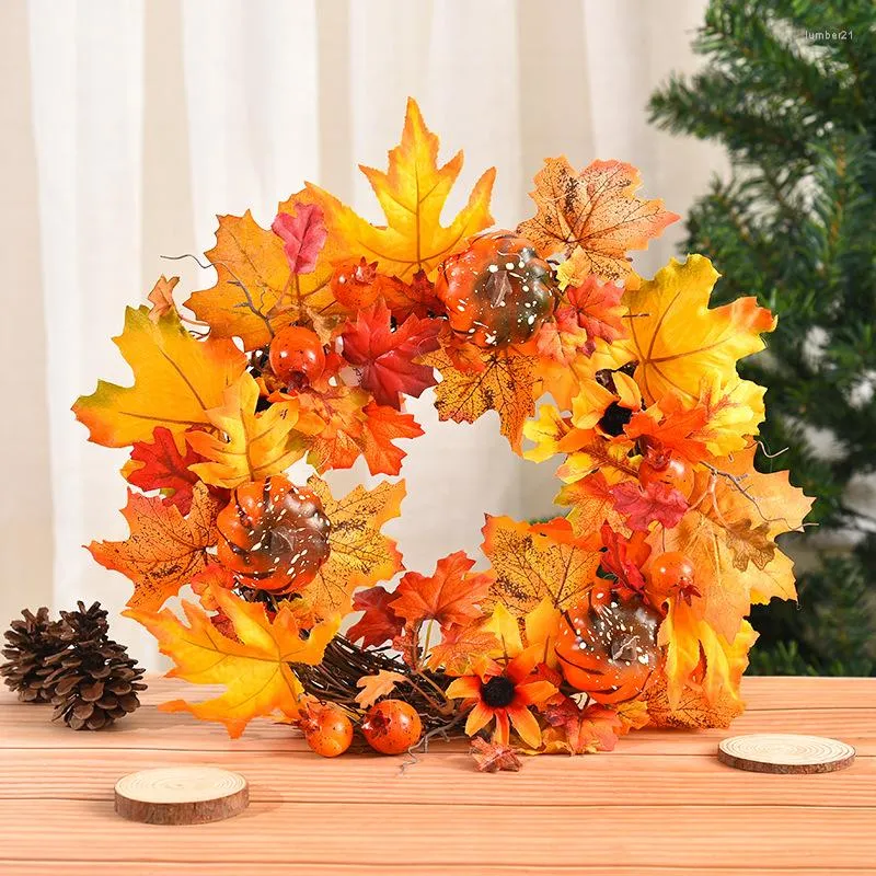 Fiori decorativi Ghirlanda autunnale Porta d'ingresso Ghirlanda in rattan Natale Halloween Zucca Bacca Acero Fiore artificiale Casa colonica