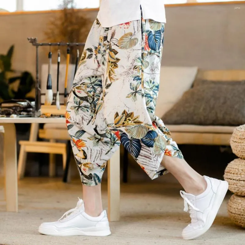 Shorts masculinos homens calças de verão flor impressão vários bolsos cintura elástica meados de bezerro comprimento solto desgaste diário cortado