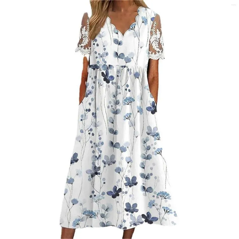 Casual Dresses Summer European och American Flower Printed V Neck Short Sleeved Women's Wrap Dress Beach Simple For Women