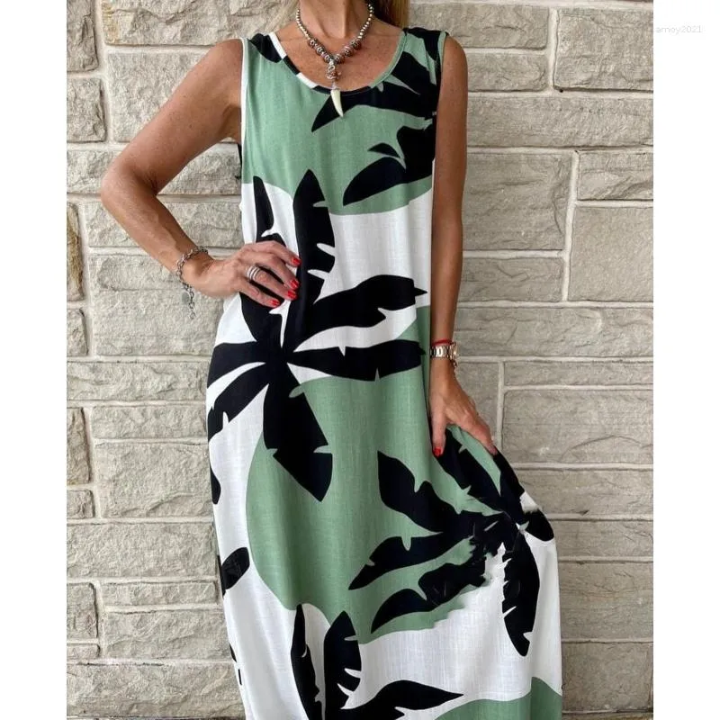 Casual Jurken Dames Lange Jurk 2023 Zomer Mode En Elegante Groene Blad Afdrukken Mouwloze Ronde Hals Losse Taille Trui Dames