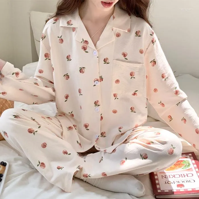 Womens Sleepwear Long Sleeve Pajama Set Turn Down Collar Cardigan