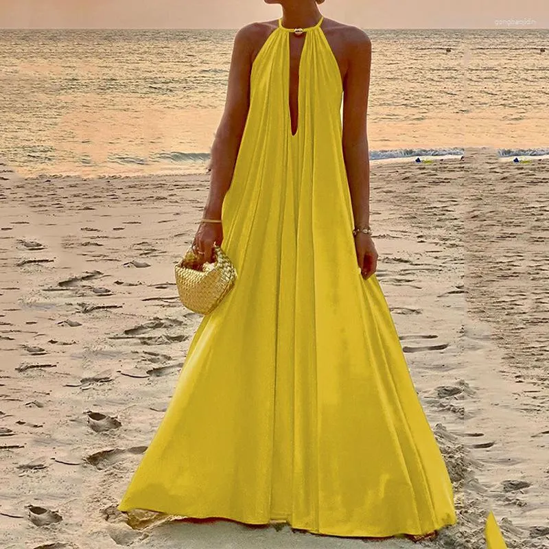 Casual Yellow Halter Maxi Dress For Women