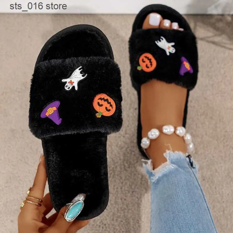 Tofflor Pumpkinhead Halloween Witch Single Band Winter New Women Slipper Fur Warm Indoor Lady Open Toe Fluffy Home Slippers T230828