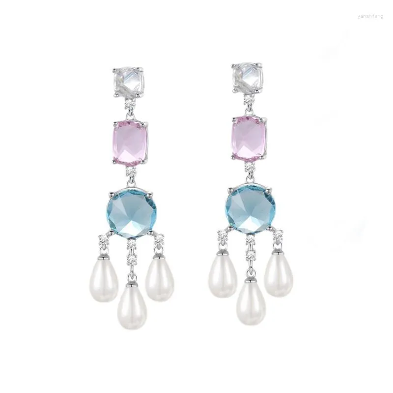 Boucles d'oreilles pendantes faites à la main de luxe rose bleu cristal Imitation perle gland goutte pour femmes accessoires de fête bijoux femme KAE238