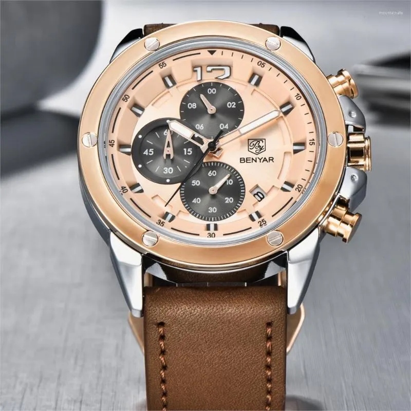 Armbandsur Relogio Masculino Top Brand Benyar Mens Watches Luxury Military Sport Watch Men Leather Waterproof Clock Quartz Wristwatch