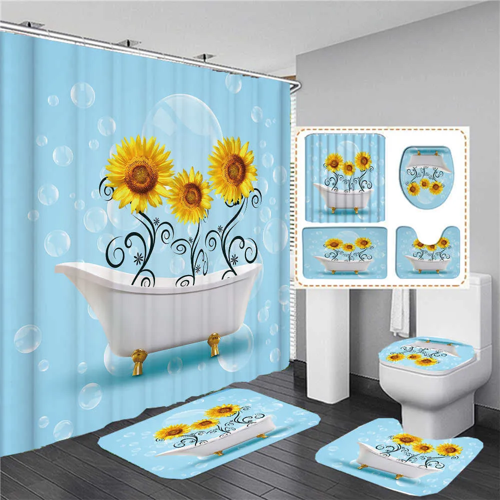 Cortina de Ducha Girasol 3D Cortina de Baño Tela Impermeable