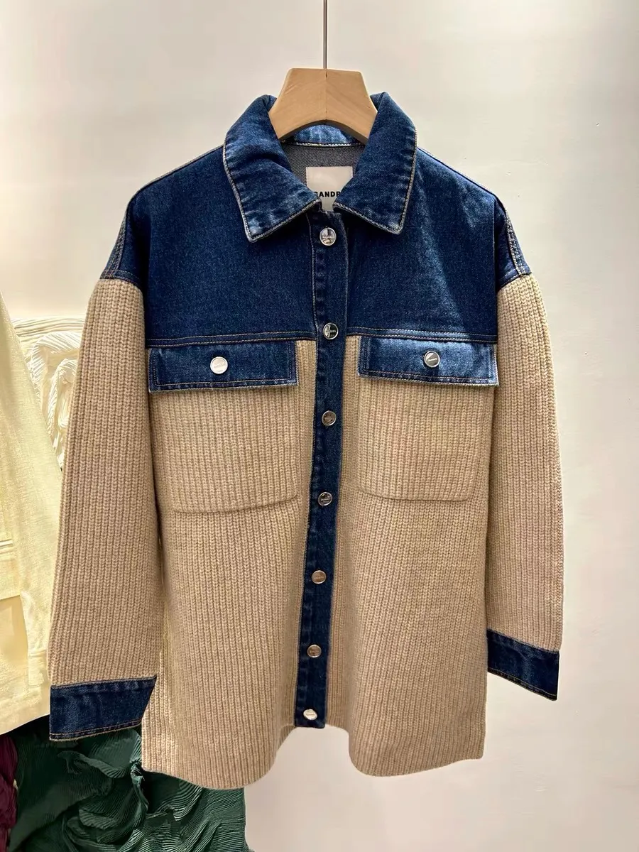 Début de l'automne nouveau concepteur de femmes sable * ro Denim tricoté panneau chemise col Polo Cardigan simple boutonnage à manches longues manteau ample