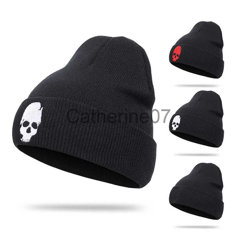 Stingy Brim Hats New Knit Hat Hip-Hop Style Skull Pattern Melon Leather Hat For Men and Women Warm Woolen Cap Beanie Cap J230829