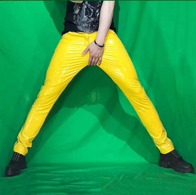 Yellow leather shop pants mens