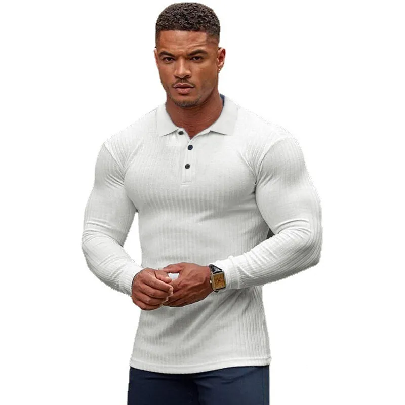 Polos masculinos outono moda malha polo camisa homens clássico branco com nervuras magro manga longa polos masculino elástico respirável camisa esportiva 230830