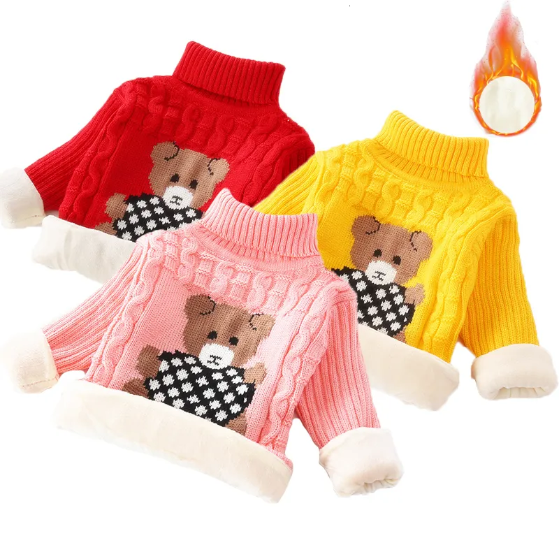 Pullover Plus Velvet Thick Warm Winter Girls Sweater Stretch Cotton Bear Knitted Bottoming Turtleneck Children Birthday Present Clothes 230830