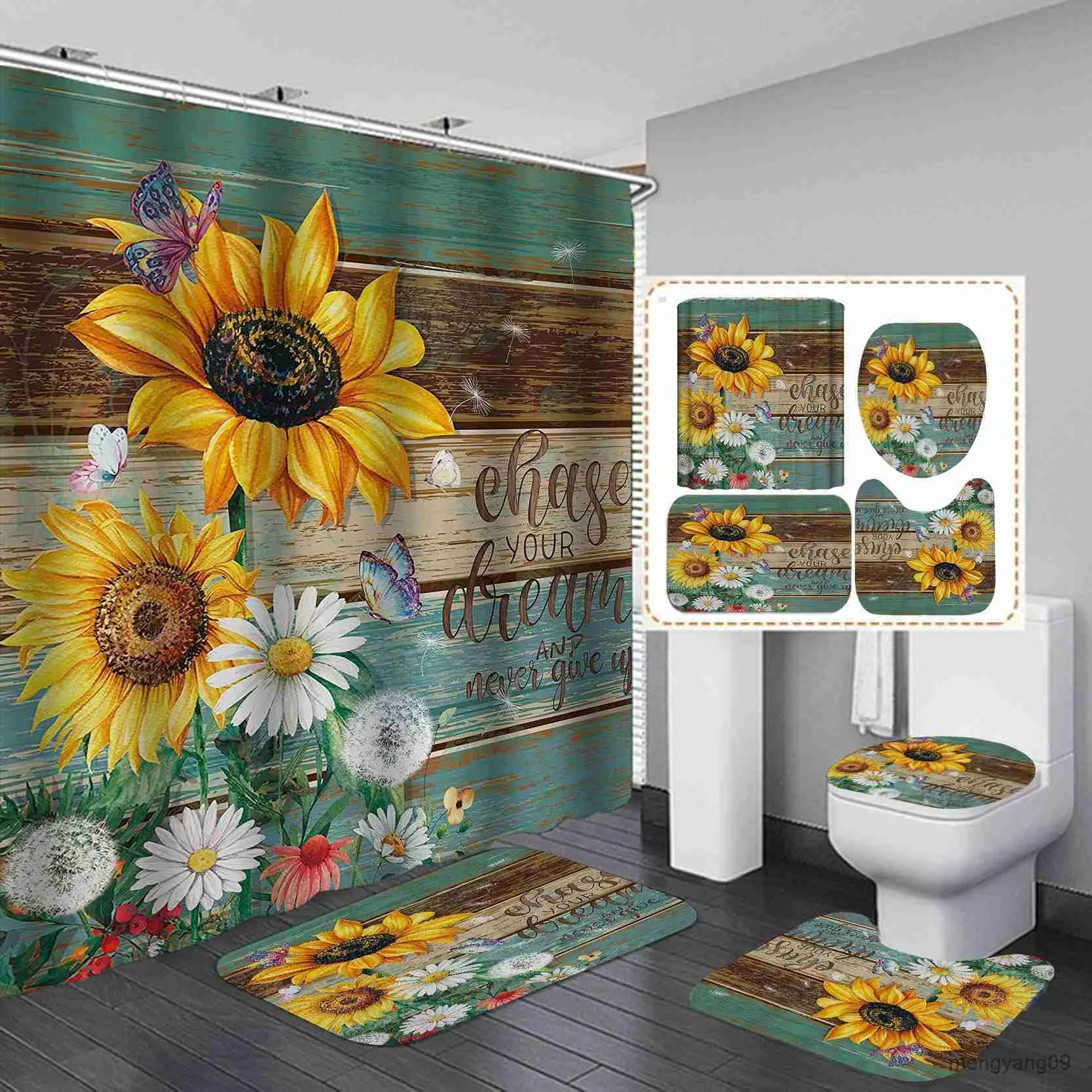 Shower Curtains Butterfly Sunflower Shower Curtain Sets Retro Floral Country Farmhouse Flower Rustic Wooden Bathroom Decor Sets R230831