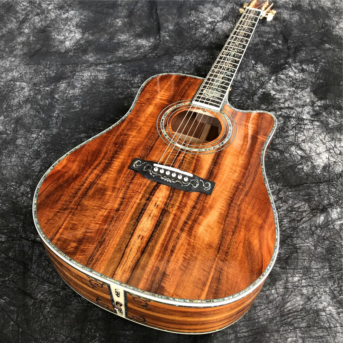 Abalone All Koa Wood Acoustic Guitar 41 tum Cutaway D Style Ebony Fingerboard Guitarra