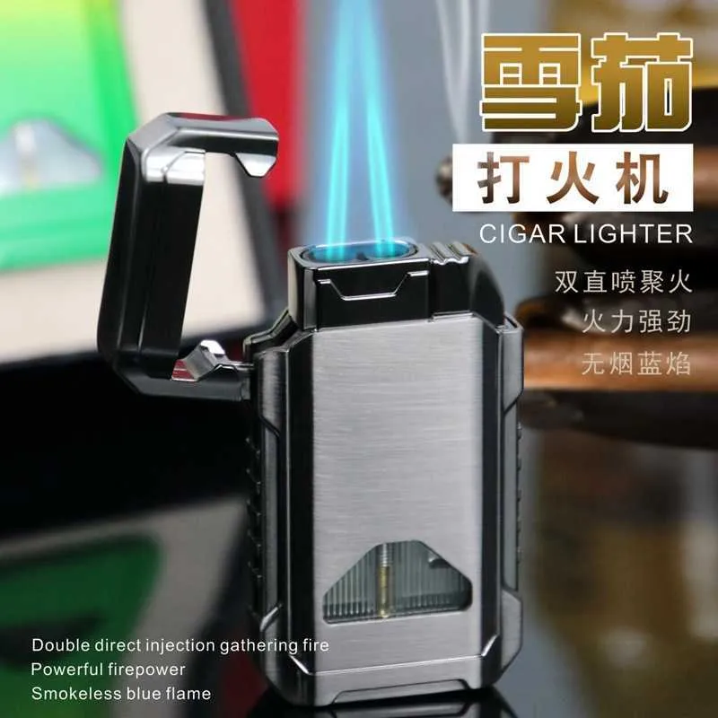 New Creative Personality Can See Through The Air Window Double Straight-flushing Cycle Inflatable Lighter Flip Cigar BQKY