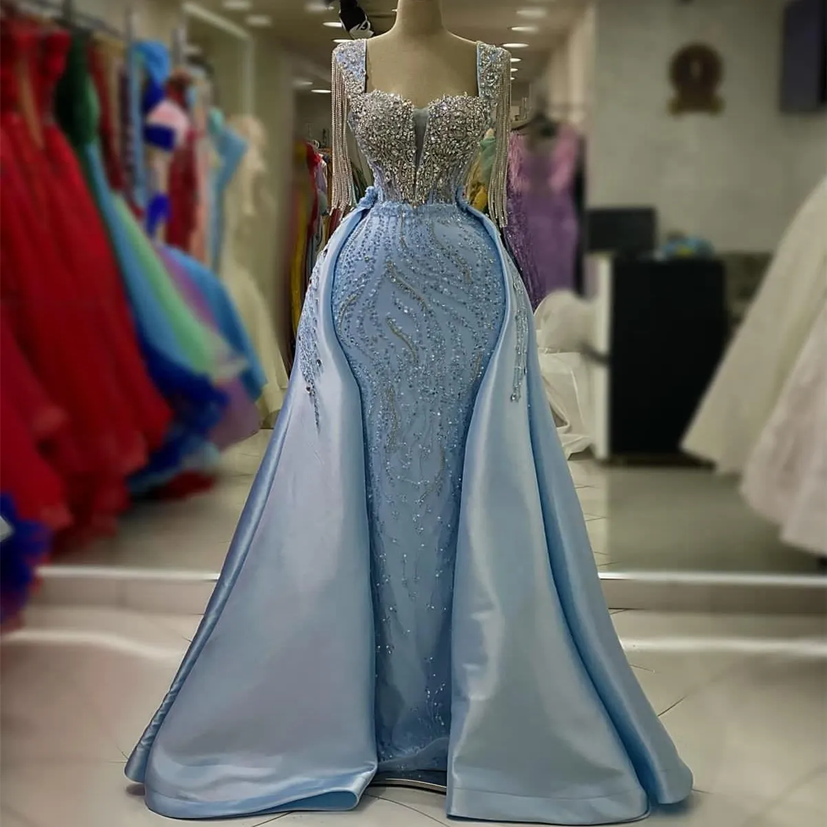 2023 Aso Ebi Arabic Mermaid Sky Blue Prom Dress Crystals Sequined Lace Evening Formal Party Second Reception Birthday Engagement Gowns Dresses Robe De Soiree ZJ237