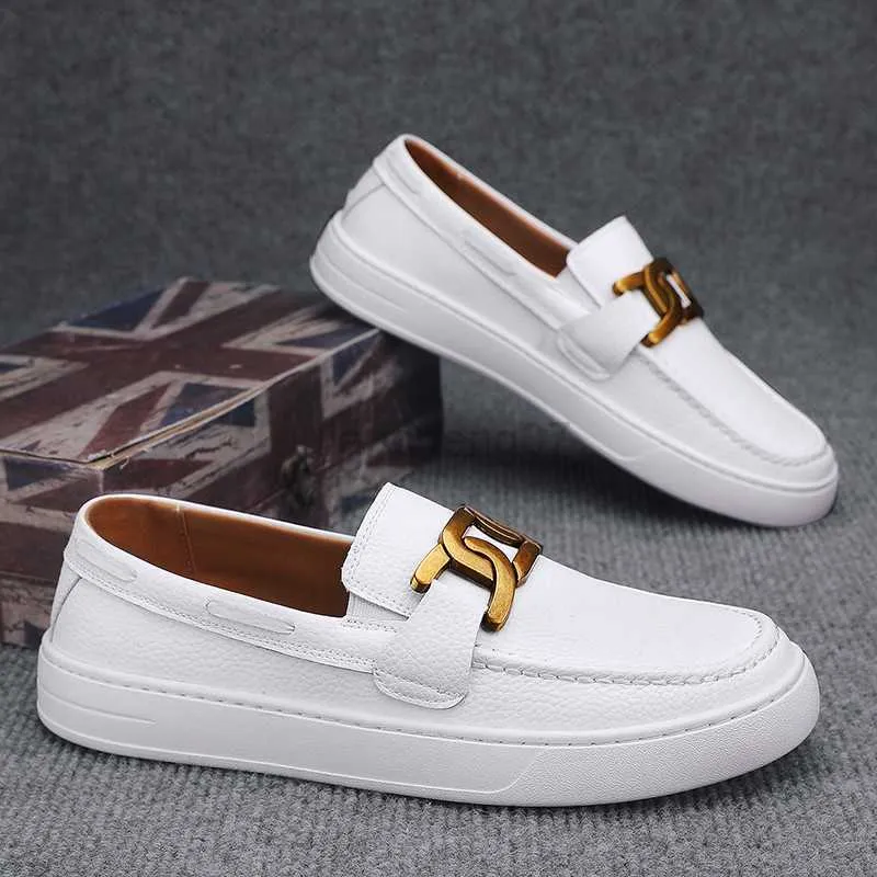 Kleidschuhe Klassische weiße Slipper Herren Atmungsaktive Lederschuhe Flache Freizeitschuhe Herren Slip-on-Erbsenschuhe für Herren Schuhe Mocasines Hombre