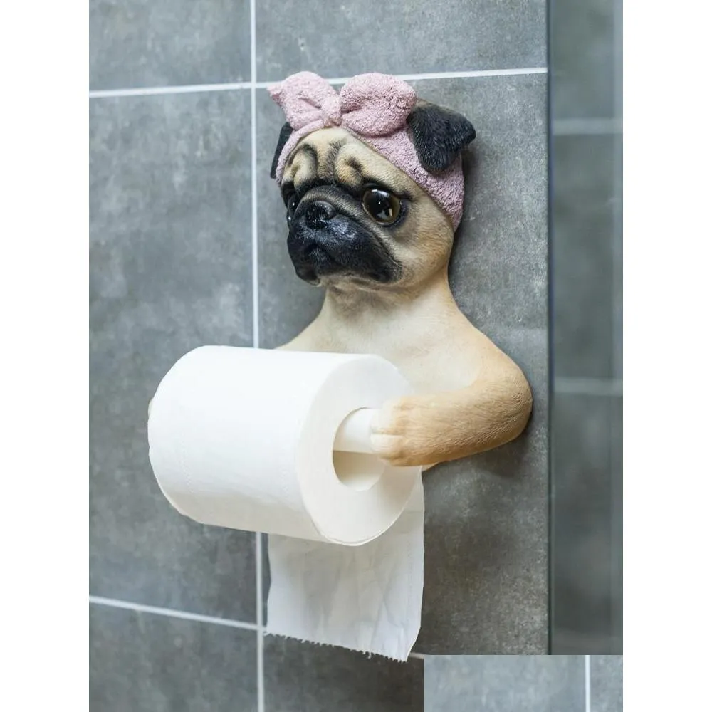 Cajas de pañuelos Servilletas Resina realista Pug Caja para perros Portarrollos Montado en la pared Recipiente de papel higiénico Accesorios para el hogar Entrega de gotas Jardín Kitch Dhajo