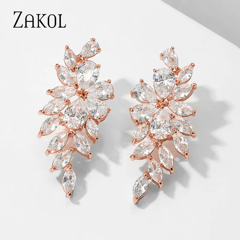 Hoop Huggie Zakol Marquise Cut Flower Zirconia Crystal Long Drop Earrings For Women Shiny Leaf CZ Stone Bridal Wedding Jewelry EP2415 230829