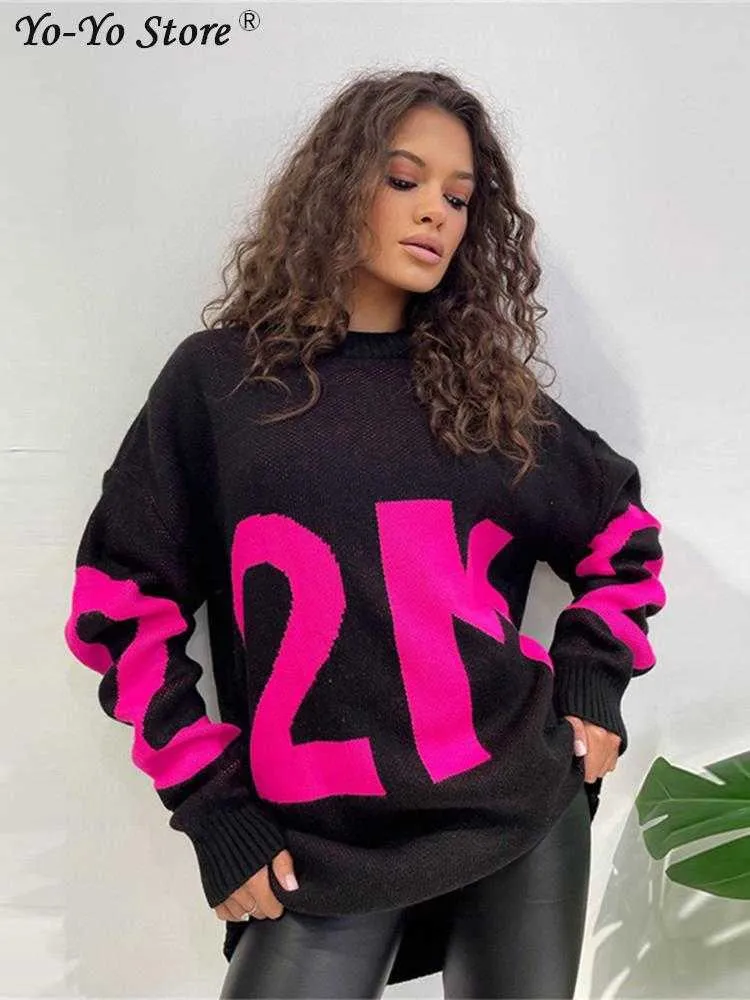 Robes décontractées de base Femmes Lettre Imprimé Tricoté Pull Robe Jacquard À Manches Longues Haut Lâche Dames Pull 2022 Pulls Occasionnels Jumper Streetwear T230825