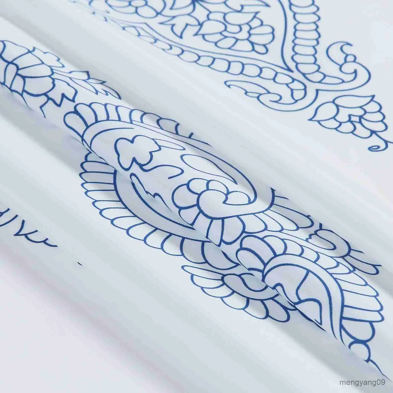 Tende da doccia Medaglione Fiore blu Tessuto bianco Foglie Piante Tenda da doccia impermeabile in campagna stampata R230831