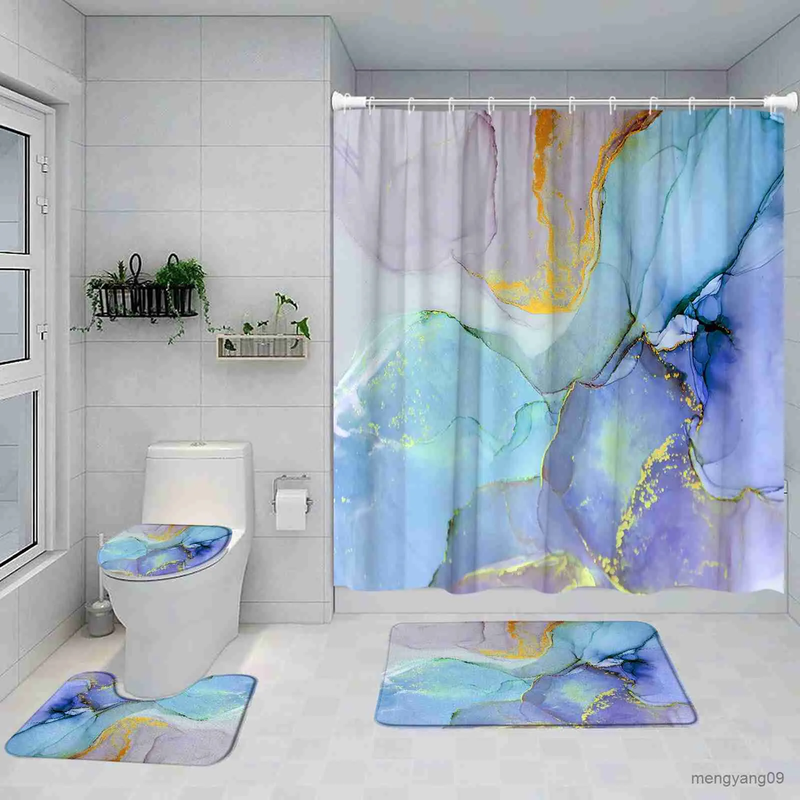 Douchegordijnen Blauw Marmer Douchegordijn Set Kunst Abstract Geschilderd Modern Badkamer Decor Badmat Voetstuk Tapijt Antislip Tapijt Cover R230830