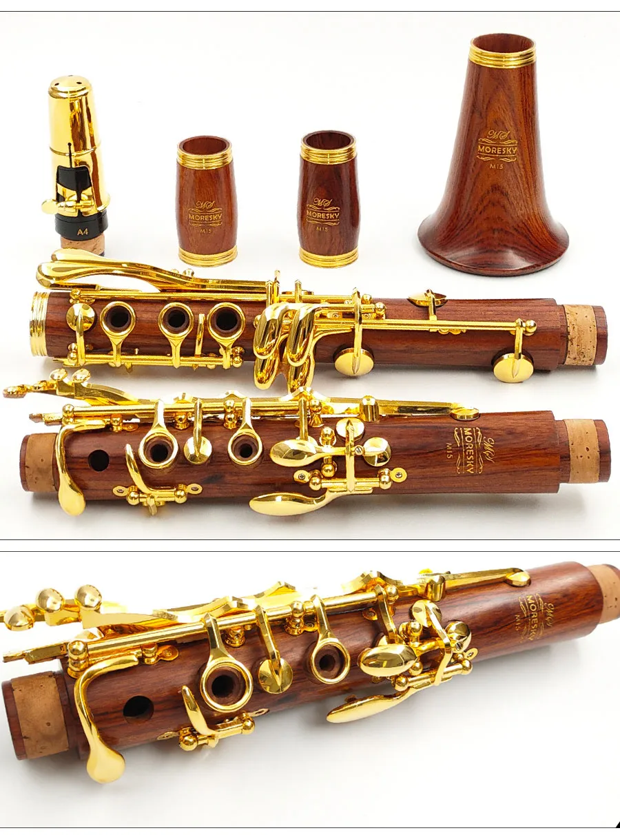 MORESKY Clarinete profesional de madera roja Palisandro Sib Teclas chapadas en oro Madera maciza Sib Klarnet