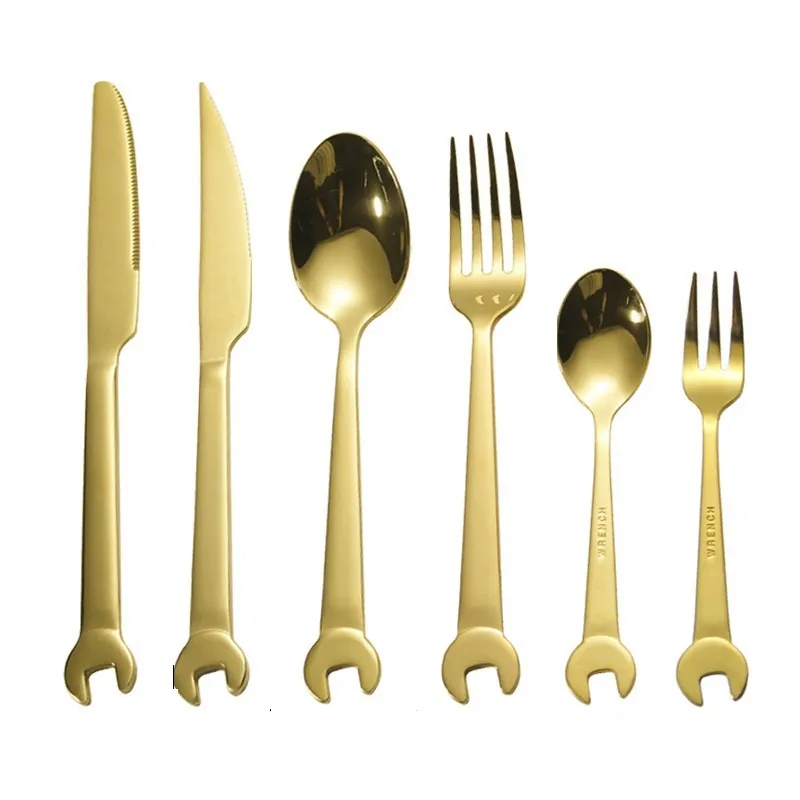 6PCS Gold Schraubenschlüssel Geschirr Gabel Löffel Geschenk Obst Dessrt Salat Gabeln Home Küche Edelstahl Besteck