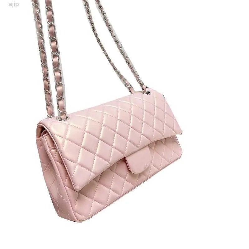 Womens Pre-Collection Pearly Pink White Bag Classic Double Flap Lambskin Quilted Iridescent Gold/Silver Metal Hardware Chain Crossbody Shoulder Pochette Purse 26C