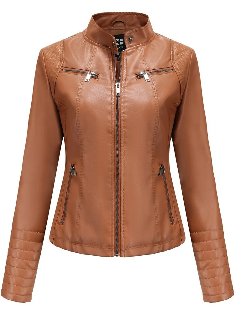 Women's Leather Faux Leather Women Faux Leather Jacket Autumn Winter Long Sleeve Plus Size Fashion Ladies Solid Zipper Biker Coat Female Casual Outwear 3XL 230829