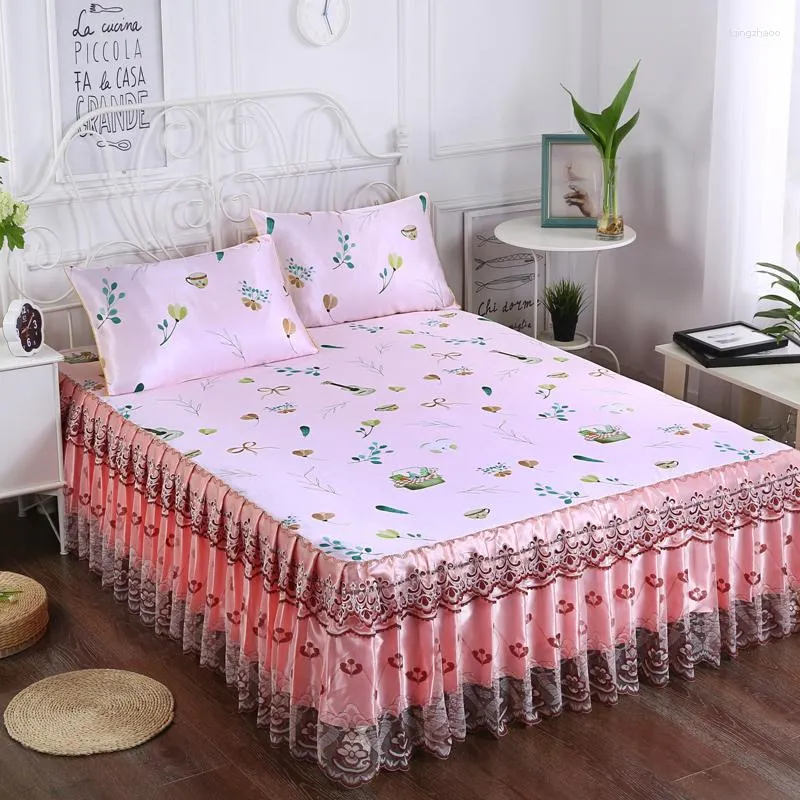 Bed Skirt Princess Lace With Pillowcase For Girls Ice Silk Mat Sheet Bedding Bedspreads Cover Non-Slip