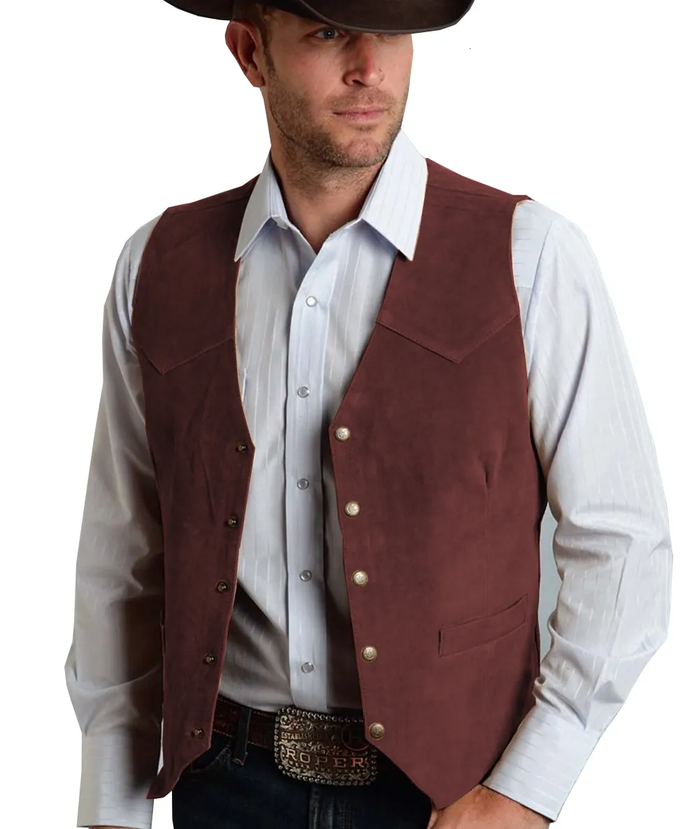 Herrenwesten Braune Weste Formeller Business-Anzug Wildlederweste Trauzeugen Für Hochzeit Cowboy 230829_voghion.com