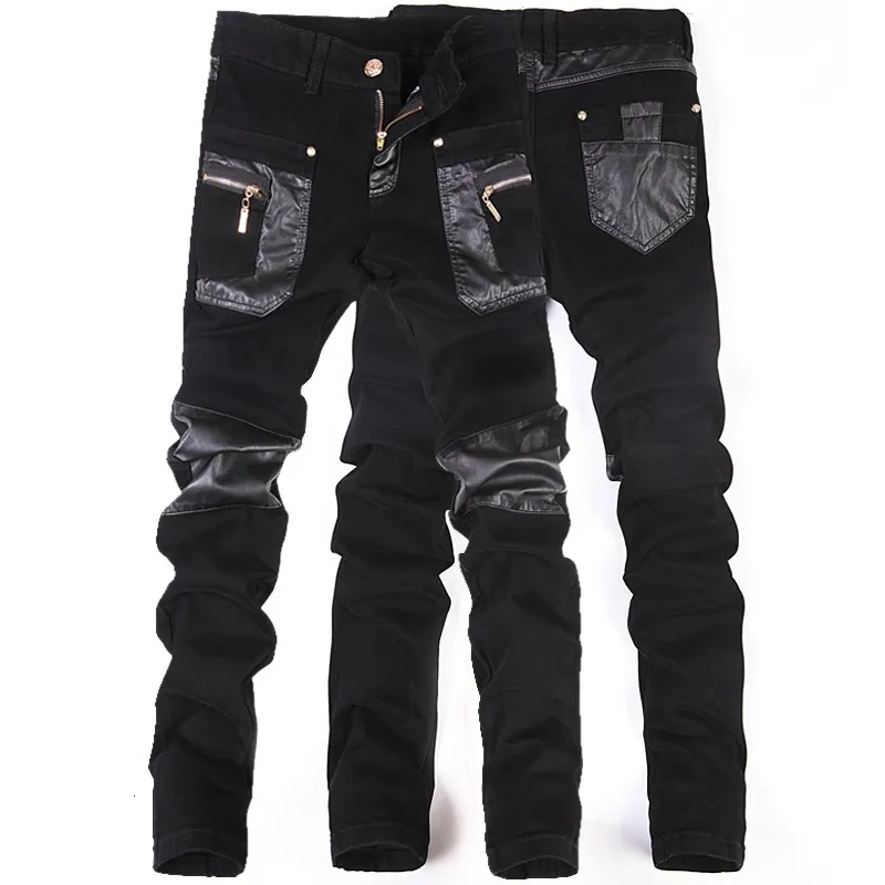 Calças masculinas moda homens retalhos de couro casual magro motocicleta jeans de alta qualidade calças finas tamanho 2836 230830