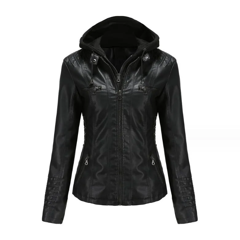 Designer PU Leather Hooded Leather Jacket Womens Slim Fit