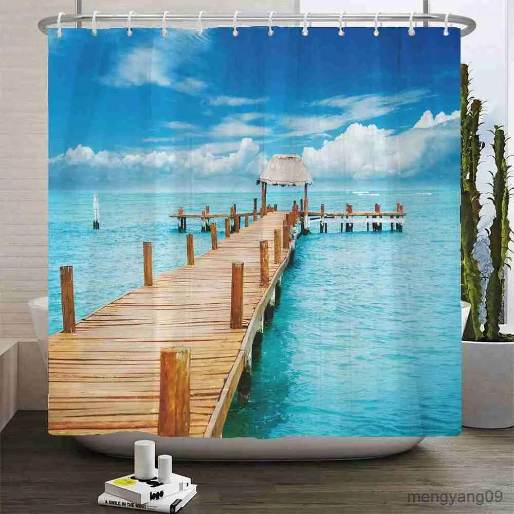 Duschgardiner havslandskap 3D tryckt duschgardin träbrygga natur tyg vattentät badrum gardin för badkar 180x180 R230830