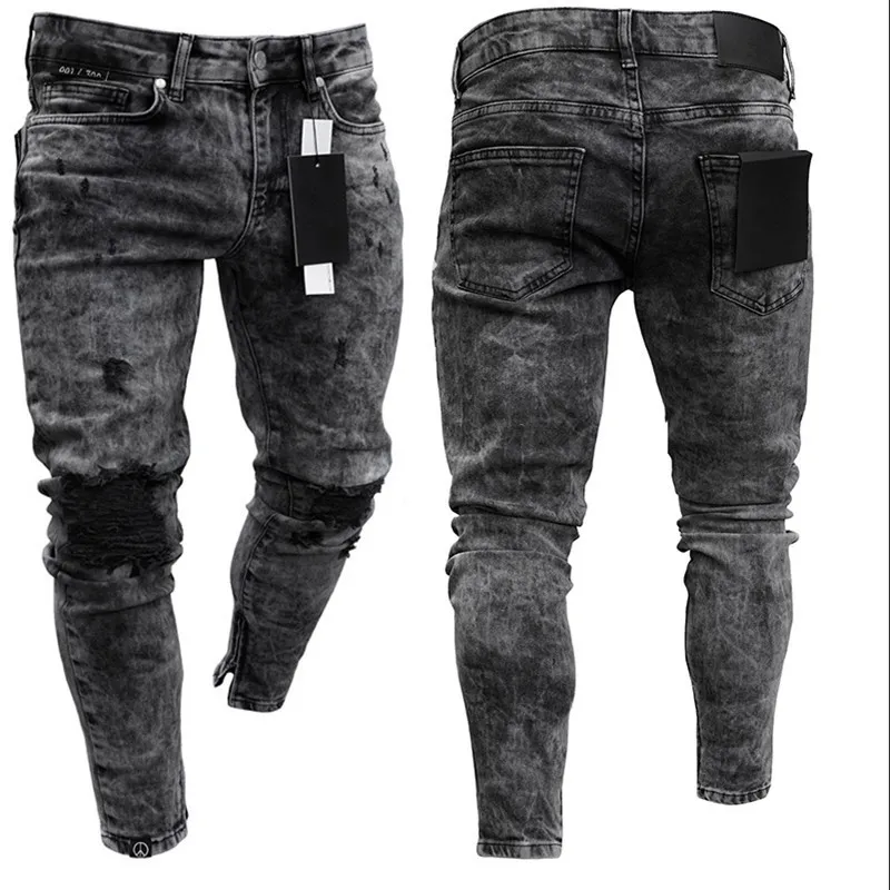 Jeans pour hommes Biker en détresse Stretch déchiré hommes Hip Hop Slim Fit trous Punk fermeture éclair couleur Pure Denim pantalon 230830