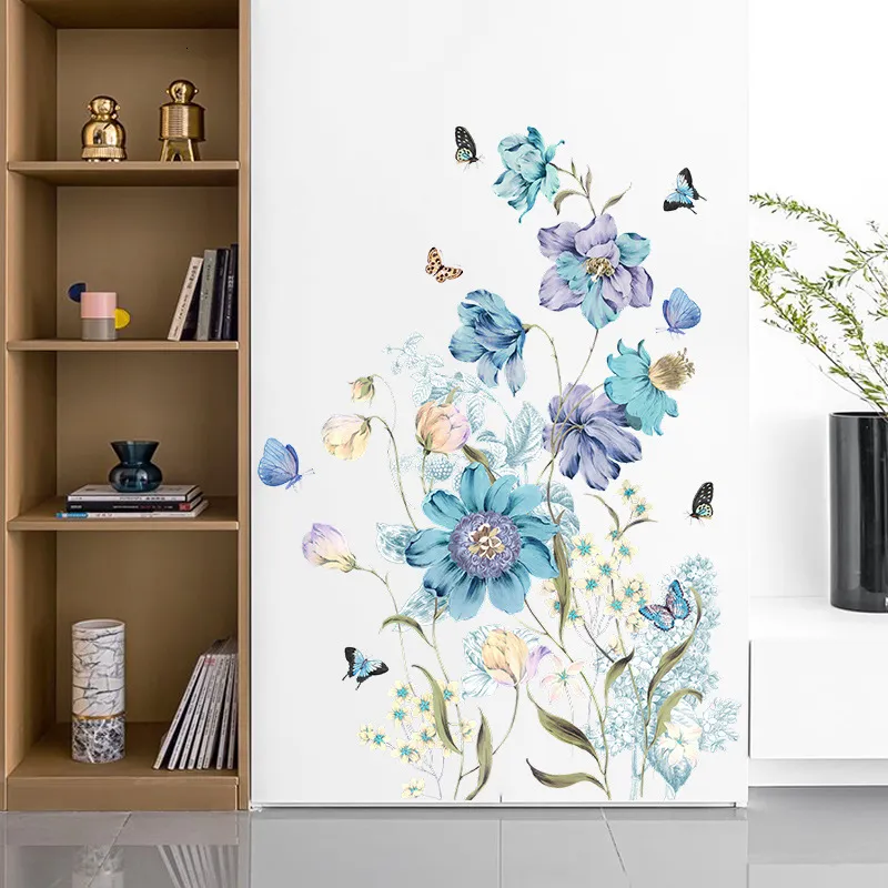 Adesivi murali Grandi fiori blu per sala da pranzo Decorazioni per la camera da letto Farfalle Decalcomanie in vinile Sfondi Decorazione della casa 230829