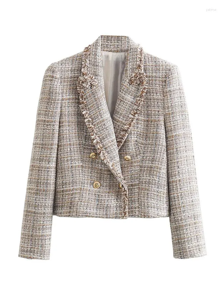 Giacche da donna Giacca autunno e inverno Cappotto blazer doppiopetto a quadri in tweed Tasche vintage a maniche lunghe Capispalla femminile