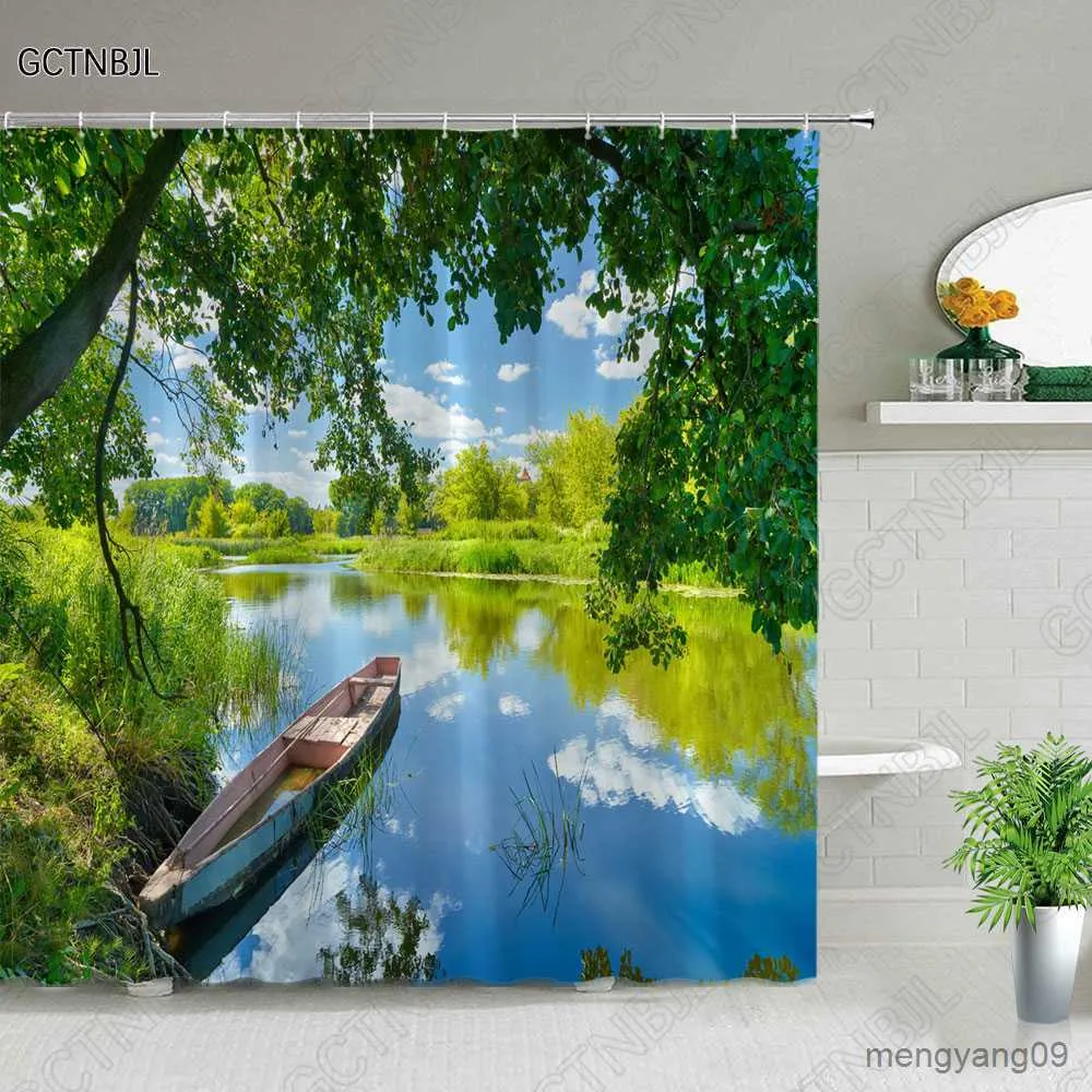 Shower Curtains Forest Landscape Shower Curtains Tree Waterfall Mount Scenery Cloth Bathroom Curtain Set Bathtub Decor With R230831
