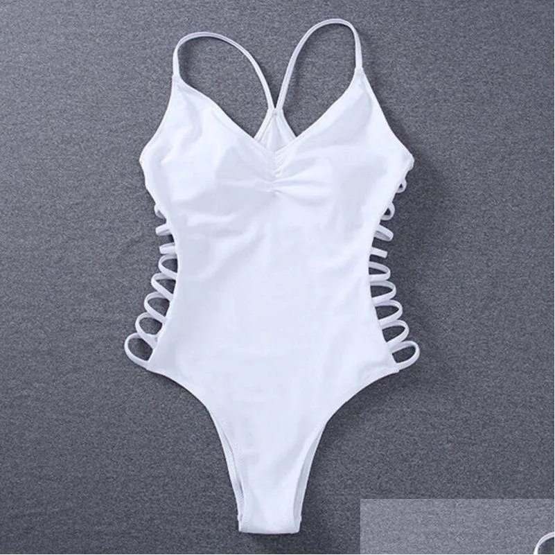 Swim Wear Branco Mulheres Banheira Terno Oco Out Feminino One-Peça Swimwear Sutiã Acolchoado Monokini Bodysuit Maiôs Drop Delivery Sports Ou Dhy8F