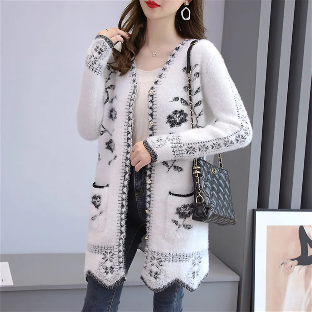 Ladies Chiffon Jackets: Autumn Winter Jacquard Knit Cardigan