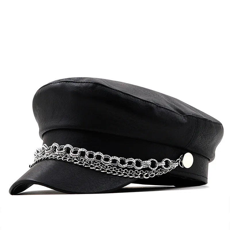Bere bayanlar Sonbahar Kış Şapkası Pu İngiliz Deri İngiliz Tarzı Düz ​​Üst Sekizgen Kapak Ayarlanabilir Kadın 230830