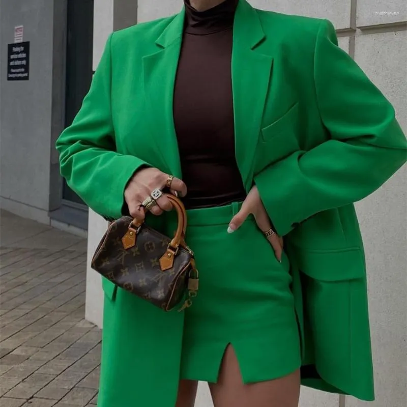 Tvådelt klänning Autumn Women Green hackade enbröd lös axelplatta blazer dragkedja delad kjol kostym hög gata stil