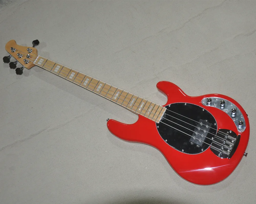 Guitare basse électrique rouge brillant à 4 cordes, avec touche en érable, incrustations de perles blanches, personnalisable