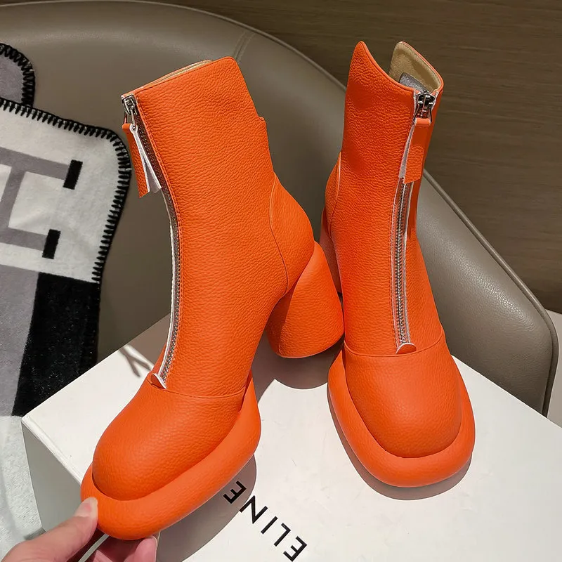 Boots 2024 Women Ankle Boots Basic Genuine Leather Zipper Round High Heels Platforms Ladies Shoes Black Beige Orange 230830